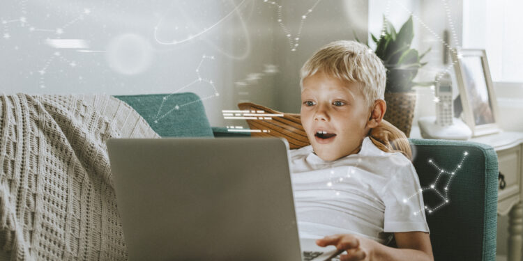 Young student studying online through laptop during the new normal digital remix